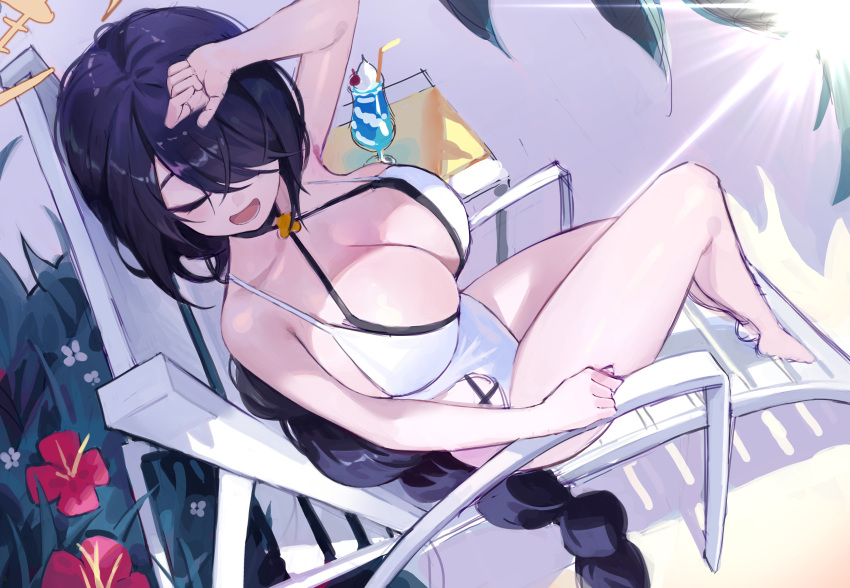 1girl absurdres bare_legs black_hair blue_archive braid chair collarbone drink flower hair_over_one_eye halo highres hinata_(blue_archive) hinata_(swimsuit)_(blue_archive) jinbin825 long_hair lounge_chair one-piece_swimsuit single_braid solo sunlight swimsuit white_swimsuit