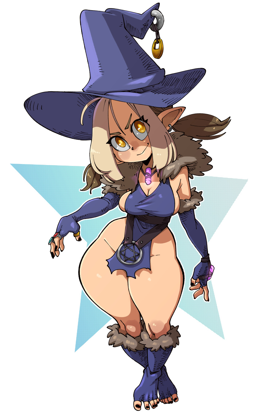 absurd_res breasts cleavage clothed clothing ear_piercing ear_ring female hat headgear headwear hi_res humanoid magic_user not_furry nuclearwasabi piercing ring_piercing solo wide_hips witch witch_hat