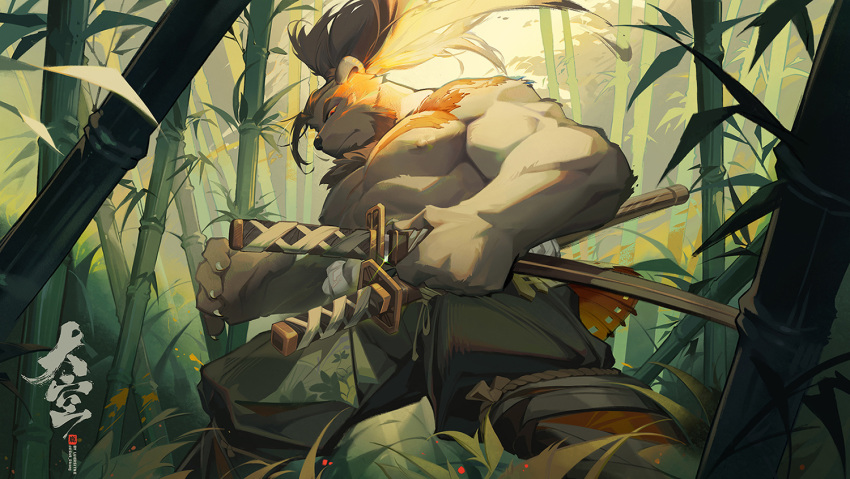 1boy abs bamboo bamboo_forest bara bear_boy beard chest_tuft facial_hair feet_out_of_frame fighting_stance forest full_beard furry furry_male large_hands large_pectorals long_hair luerstine male_focus mature_male muscular muscular_male nature nipples original pectorals ready_to_draw ronin solo standing strongman_waist thick_beard thick_eyebrows topless_male very_long_hair