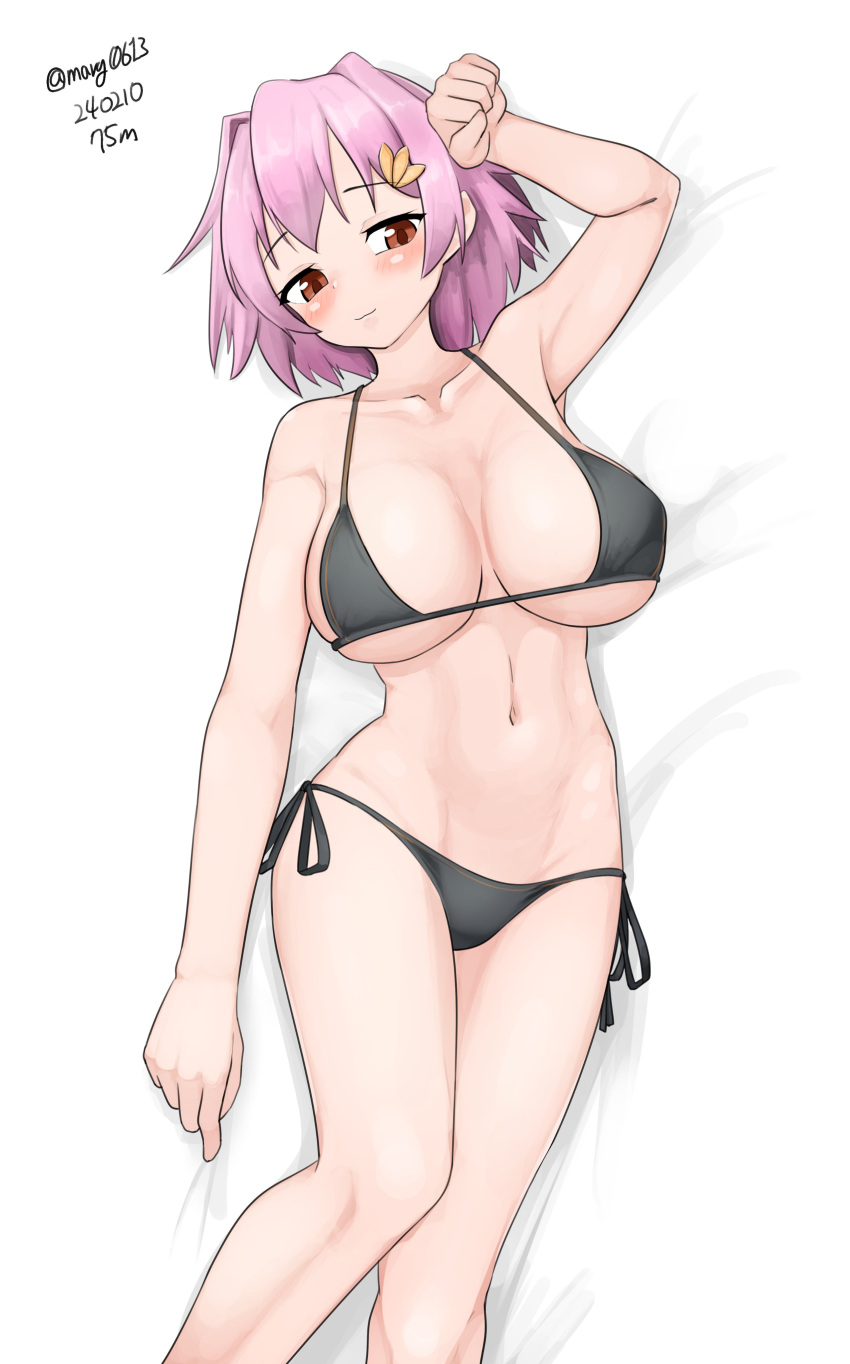 1girl absurdres alternate_costume arm_up armpits artist_name bikini black_bikini blush breasts cleavage closed_mouth commentary_request dated feet_out_of_frame hair_ornament hairclip highres kantai_collection large_breasts looking_at_viewer lying maru_(marg0613) navel on_back on_bed one-hour_drawing_challenge pink_hair red_eyes short_hair side-tie_bikini_bottom simple_background smile solo swimsuit tama_(kancolle) twitter_username white_background