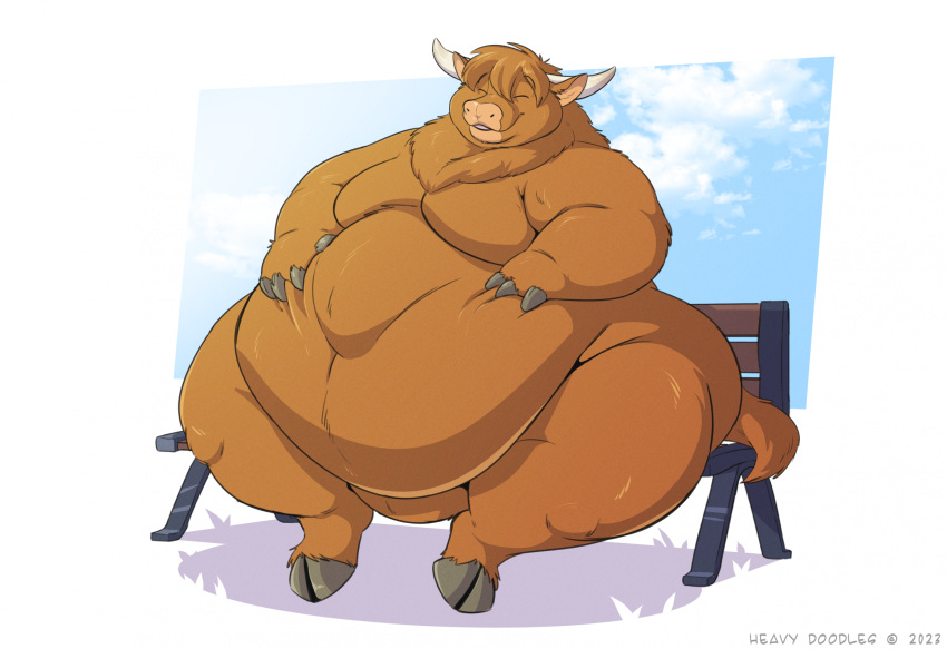 anthro belly bench big_belly big_butt bovid bovine brown_body brown_fur butt cattle chubby_face eyes_closed fat_rolls featureless_crotch fingers fur hand_on_stomach heavy_doodles hi_res highland_cattle hooved_fingers hooves horn love_handles male mammal moobs nude obese obese_anthro obese_male on_bench outside overweight overweight_anthro overweight_male sitting smile solo thick_thighs wide_hips