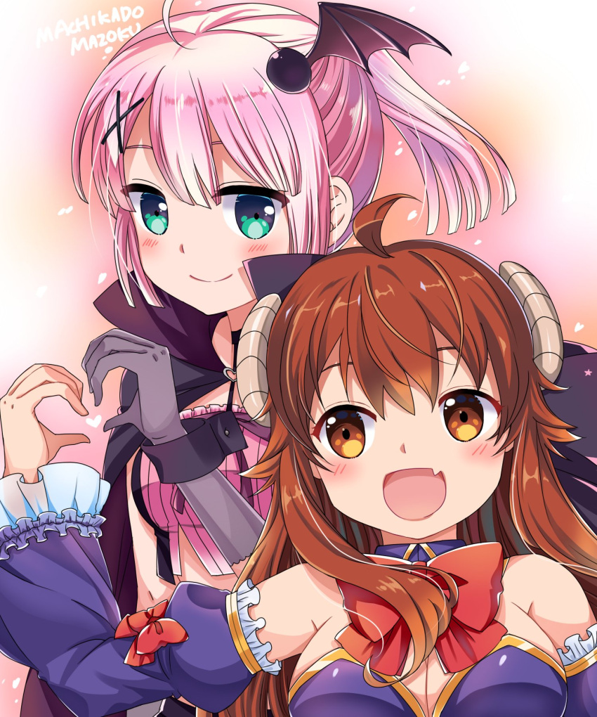 2girls :d ahoge aqua_eyes bare_shoulders black_cape black_gloves blush bow breasts brown_eyes brown_hair cape chiyoda_momo cleavage closed_mouth commentary_request copyright_name crisis_management_form_(machimazo) curled_horns demon_girl demon_horns detached_sleeves fang frilled_sleeves frills gloves hair_between_eyes hair_ornament happy heart heart_hands heart_hands_duo highres horns large_breasts looking_at_viewer looking_to_the_side machikado_mazoku multiple_girls open_mouth pink_background pink_hair red_bow red_gloves short_ponytail sidelocks simple_background skin_fang smile split_mouth tareme tragicrhyme tsurime upper_body wide_sleeves wing_hair_ornament x_hair_ornament yoshida_yuuko_(machikado_mazoku) yuri