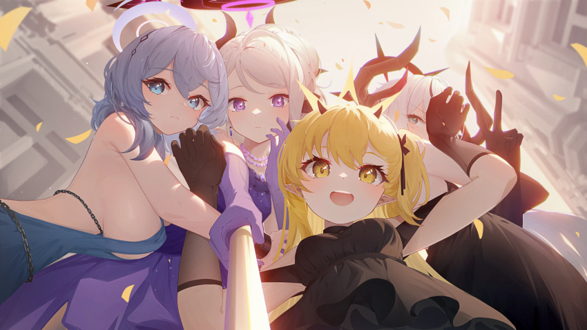 4girls 999kun ako_(blue_archive) ako_(dress)_(blue_archive) backless_dress backless_outfit black_dress black_horns blonde_hair blue_archive blue_dress blue_eyes blue_hair blue_halo breasts closed_mouth demon_horns dress elbow_gloves gloves grey_hair hair_between_eyes halo highres hina_(blue_archive) hina_(dress)_(blue_archive) horns ibuki_(blue_archive) indoors large_breasts long_hair looking_at_viewer makoto_(blue_archive) multiple_girls official_alternate_costume open_mouth purple_dress purple_eyes purple_gloves selfie selfie_stick sideboob smile yellow_eyes yellow_halo