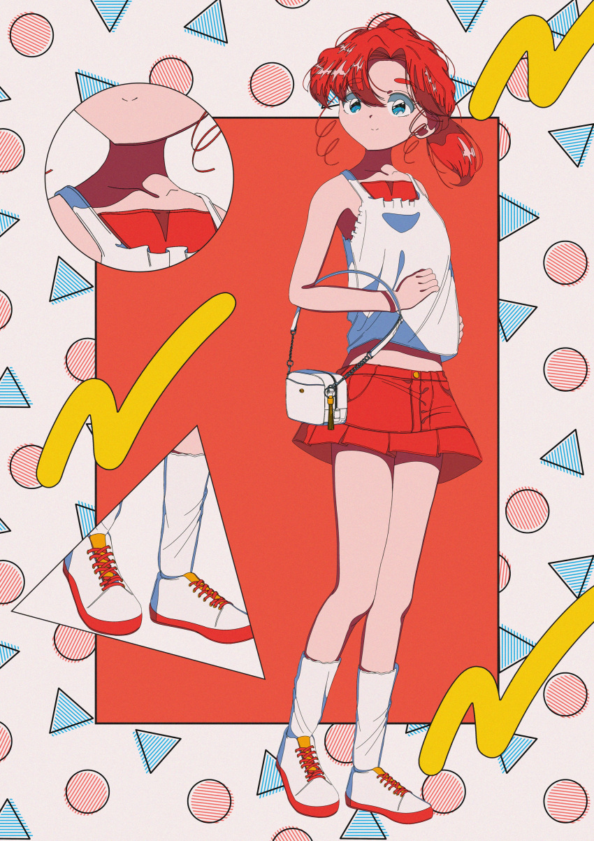 1girl absurdres aqua_eyes bag border camisole collarbone full_body highres inset kishin looking_to_the_side memphis_design midriff miniskirt original outside_border ponytail red_background red_hair red_skirt shoes shoulder_bag skirt sneakers socks white_bag white_camisole white_footwear white_socks