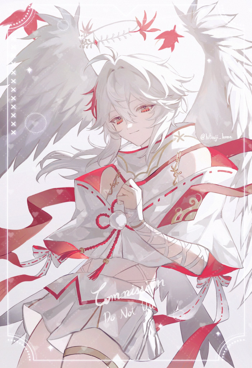 1boy 329kome angel_wings closed_mouth falling_leaves feathered_wings from_below genshin_impact halo hand_up high_collar highres kaedehara_kazuha leaf legwear_garter long_hair male_focus maple_leaf multicolored_hair red_eyes red_hair shirt short_shorts shorts simple_background single_legwear_garter sleeveless sleeveless_shirt smile solo two-tone_hair white_background white_hair white_shirt white_shorts white_wings wings