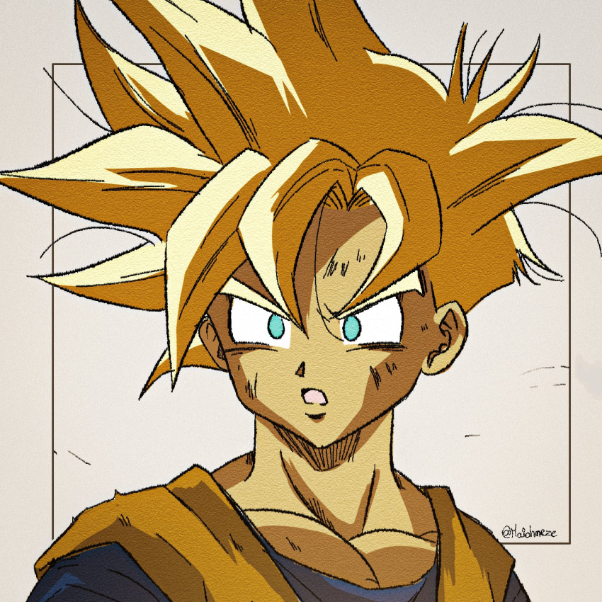 1boy blonde_hair blue_shirt clenched_hand dougi dragon_ball dragon_ball_z green_eyes highres maiohneze medium_hair muscular muscular_male orange_shirt shirt simple_background son_gohan spiked_hair twitter_username