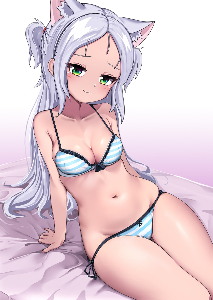 1girl animal_ears arm_support arms_behind_back azur_lane bikini blush bow bow_bikini bow_panties bra breasts cat_ears cat_girl cleavage commentary_request curly_hair dedorudy fang frilled_bikini frilled_bra frills front-tie_bikini_top front-tie_top green_eyes groin half-closed_eyes highres hip_focus long_hair looking_at_viewer medium_breasts navel panties side-tie_bikini_bottom side-tie_panties sims_(azur_lane) sitting slit_pupils small_breasts smug solo stomach striped_bikini striped_bra striped_clothes striped_panties swimsuit thighs underwear underwear_only very_long_hair white_hair