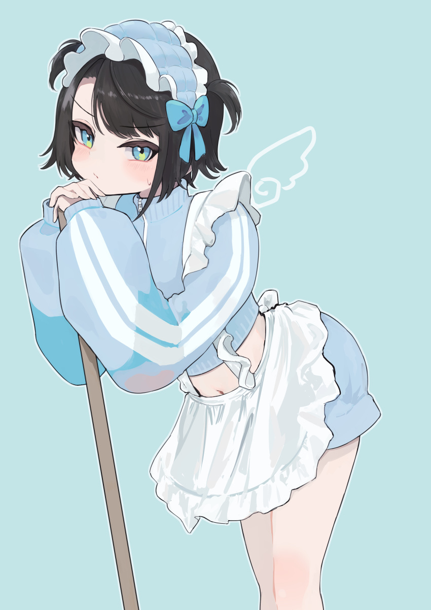 1girl absurdres alternate_costume angel_wings annoyed apron aqua_background bankamba black_hair blue_bow blue_headwear blue_shorts blush bow broom closed_mouth commentary cropped_jacket double_vertical_stripe drawn_wings enmaided fake_wings frilled_apron frilled_headwear frills gradient_eyes green_eyes hair_bow hands_on_own_chin head_rest highres holding holding_broom hololive interlocked_fingers jacket jersey_maid leaning leaning_forward leaning_on_broom long_sleeves maid maid_headdress midriff mini_wings multicolored_eyes navel oozora_subaru own_hands_together pursed_lips short_hair short_shorts shorts simple_background solo sweatdrop tomboy track_jacket two_side_up unconventional_maid v-shaped_eyebrows waist_apron white_apron white_headwear wings yellow_eyes zipper_pull_tab