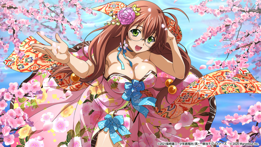 1girl alternate_costume antenna_hair bare_arms blue_ribbon breasts brown_hair cherry_blossoms cleavage collarbone dress floating_hair flower glasses green_eyes hair_flower hair_ornament highres ikkitousen large_breasts long_hair neck_ribbon official_art pink_dress pink_flower ribbon ryuubi_gentoku shiny shiny_hair shiny_skin solo spring_(season) strapless strapless_dress very_long_hair