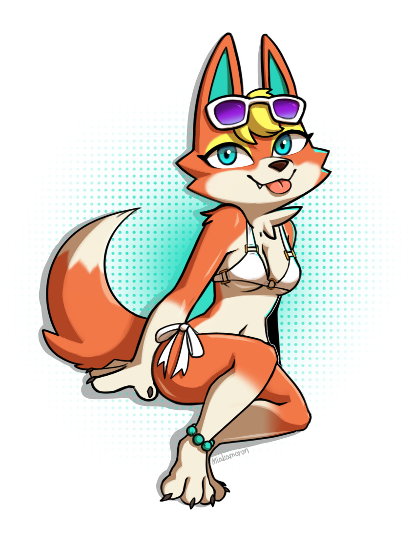 2024 absurd_res animal_crossing anklet anthro arm_tuft audie_(animal_crossing) bikini blep blonde_hair blue_eyes breasts canid canine canis chest_tuft clothing digital_media_(artwork) dipstick_tail eyewear eyewear_on_head feet female fur gloves_(marking) hair hi_res jewelry leg_markings looking_at_viewer mammal markings medium_breasts miakameron nintendo orange_body orange_fur shoulder_tuft side-tie_bikini socks_(marking) solo string_bikini sunglasses sunglasses_on_head swimwear tail tail_markings tan_body tan_fur tongue tongue_out tuft white_bikini white_clothing white_swimwear wolf