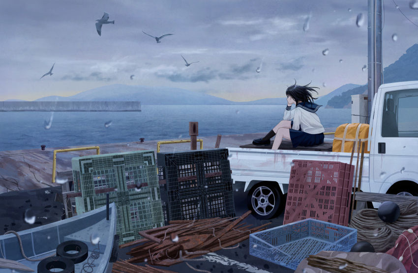 1girl bird black_hair black_sailor_collar black_skirt black_socks cargo_pallet cloud cloudy_sky commentary_request grey_sky harbor highres long_sleeves medium_hair motor_vehicle mountainous_horizon ocean original overcast pickup_truck pier rope sailor_collar scenery school_uniform shirt shurock sitting skirt sky socks truck water_drop white_shirt