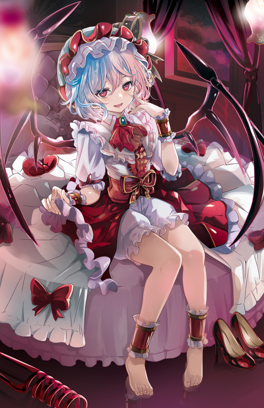 1girl ascot bat_wings blue_hair blush bow brooch demon_wings dress hat hat_ribbon highres indoors jewelry l.f. looking_at_viewer mob_cap multicolored_clothes open_mouth pink_headwear puffy_sleeves purple_hair red_eyes remilia_scarlet ribbon short_hair short_sleeves sitting smile solo touhou wings wrist_cuffs