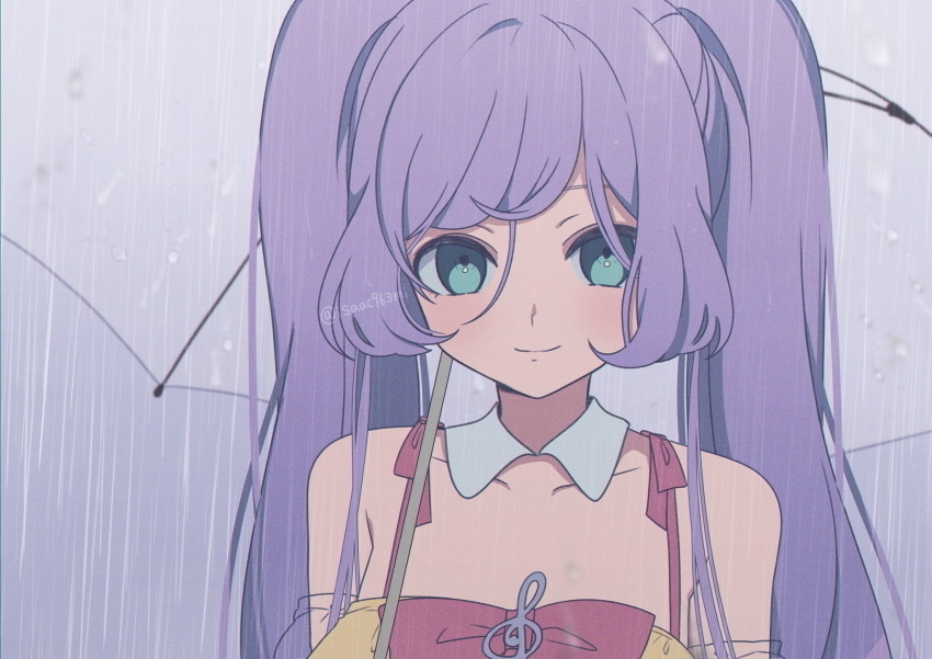 1girl bare_shoulders bow closed_mouth commentary_request detached_collar empty_eyes grey_background highres long_hair looking_at_viewer manaka_laala marueri pink_bow pretty_series pripara purple_hair rain sad sad_smile smile solo transparent transparent_umbrella twintails twitter_username umbrella upper_body
