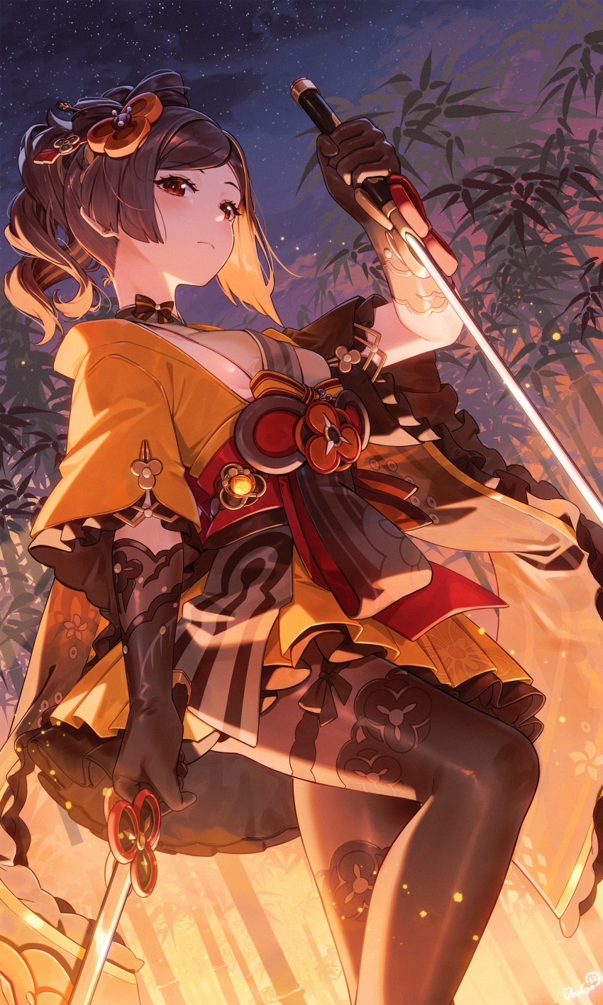 1girl absurdres asymmetrical_sidelocks black_gloves brown_hair chiori_(genshin_impact) dango_remi drill_hair drill_ponytail dual_wielding earmuffs earmuffs_around_neck from_below gaiters genshin_impact gloves hair_ornament hair_stick haori highres holding japanese_clothes kimono long_hair looking_at_viewer needle obi outdoors pantyhose red_eyes red_sash sash sewing_needle skirt solo thighhigh_gaiters thighhighs thighhighs_over_pantyhose thighs yellow_kimono yellow_skirt