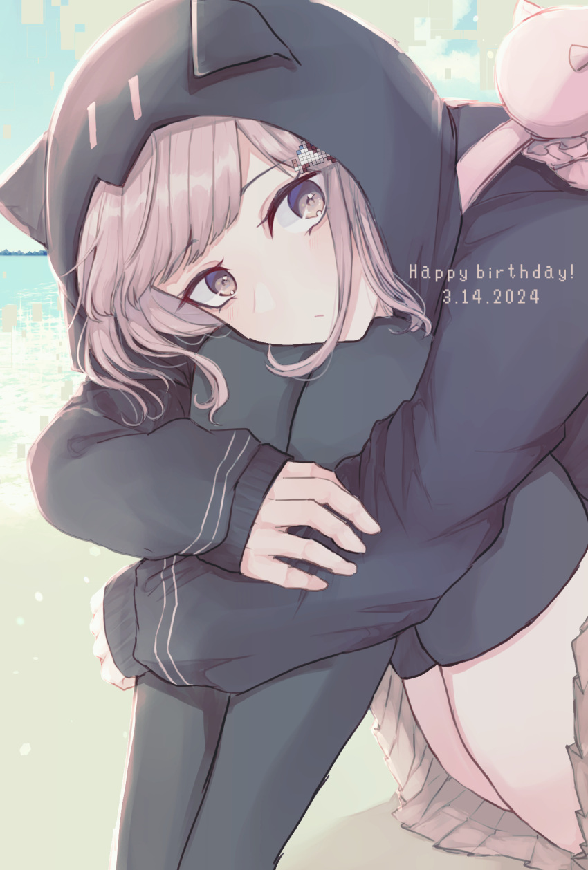 1girl animal_bag ass black_jacket black_thighhighs brown_hair cat_bag danganronpa_(series) danganronpa_2:_goodbye_despair dated feet_out_of_frame happy_birthday highres hood hood_up hugging_own_legs jacket long_sleeves medium_hair nanami_chiaki pink_bag pink_eyes pleated_skirt skirt solo thighhighs yukiusagi_(yukiusa)