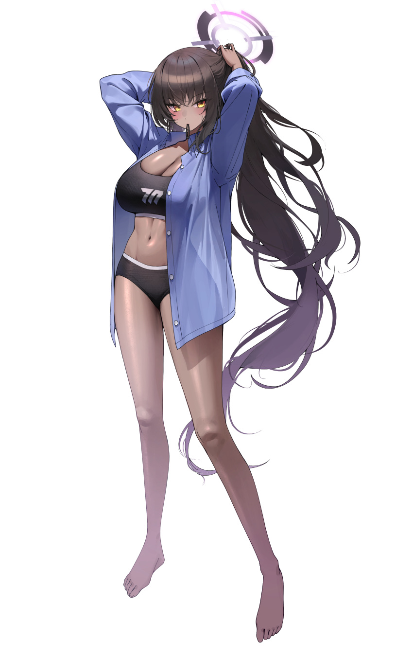 1girl absurdres adjusting_hair black_bra black_hair black_panties blue_archive blue_shirt blush bra breasts cleavage dark-skinned_female dark_skin full_body halo highres karin_(blue_archive) large_breasts long_hair long_sleeves mouth_hold open_clothes open_shirt panties purple_halo sbgu shirt simple_background solo underwear white_background yellow_eyes