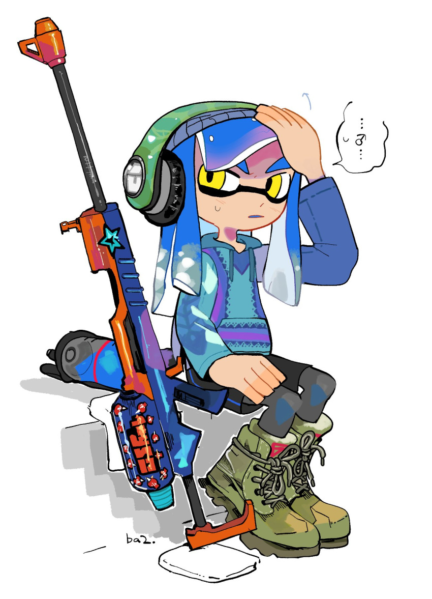 1boy 2mi2lonkik4936 blue_hair boots commentary_request cross-laced_footwear full_body green_footwear headphones highres ink_tank_(splatoon) inkling inkling_boy inkling_player_character leggings_under_shorts long_hair male_focus mars_symbol simple_background sitting solo splat_charger_(splatoon) splatoon_(series) splatoon_3 spoken_symbol tentacle_hair white_background yellow_eyes