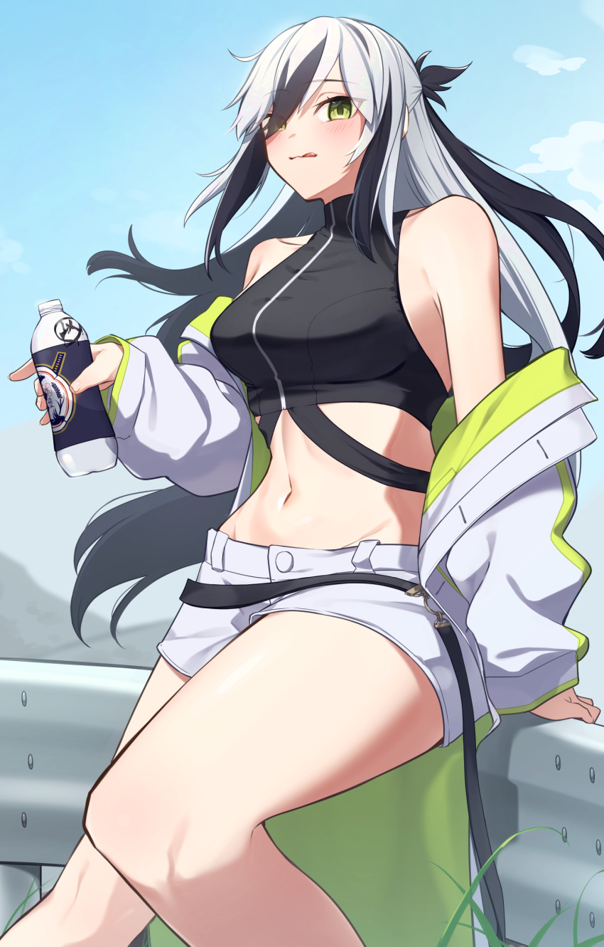 1girl bare_shoulders black_hair black_shirt blue_sky blush bottle breasts cloud commentary_request fate/grand_order fate_(series) green_eyes highres holding holding_bottle jacket long_hair looking_at_viewer medium_breasts midriff multicolored_hair nagao_kagetora_(fate) navel off_shoulder open_clothes outdoors sakuraike shirt shorts sitting sky sleeveless sleeveless_shirt solo stomach streaked_hair thighs tongue tongue_out two-tone_hair uesugi_kenshin_(fate) uesugi_kenshin_(second_ascension)_(fate) very_long_hair white_hair white_jacket white_shorts