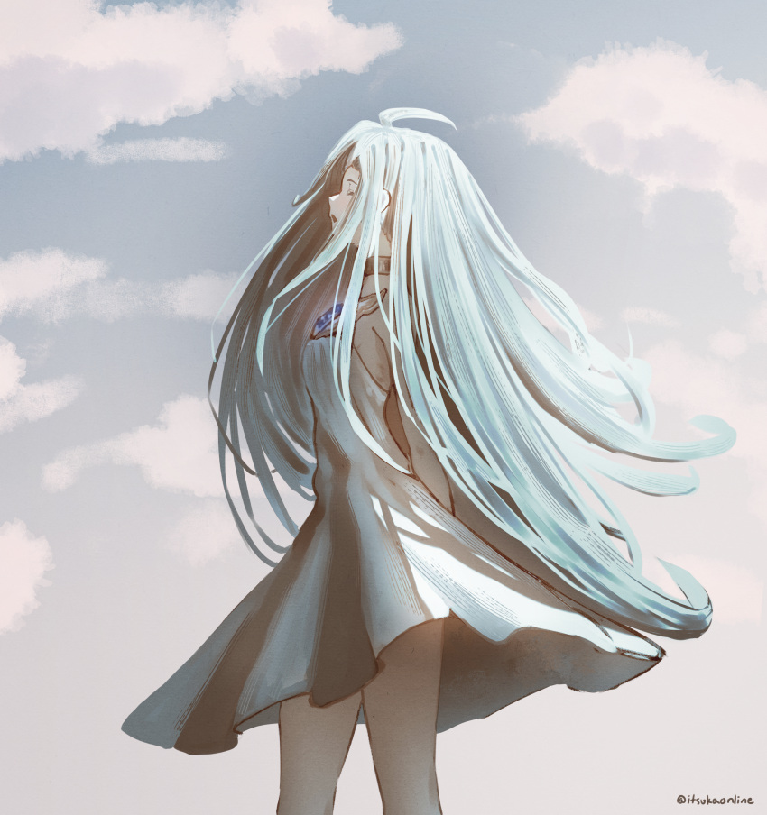 1girl absurdly_long_hair absurdres arms_behind_back blue_hair choker closed_eyes cloud dress from_side gem granblue_fantasy highres itsukaonline light_blue_hair long_hair lyria_(granblue_fantasy) muted_color open_mouth outdoors ribs sky sleeveless sleeveless_dress solo standing very_long_hair white_dress