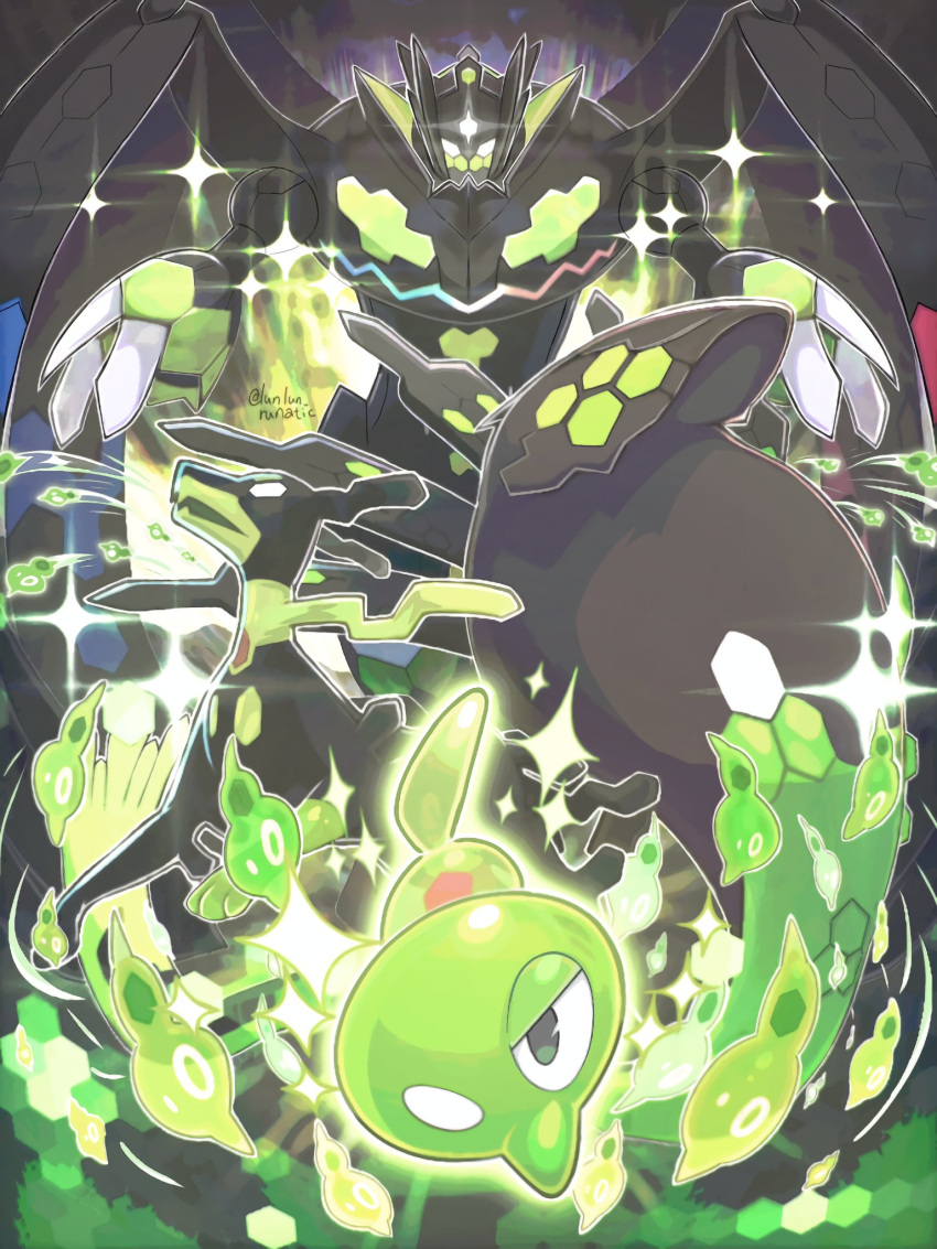 artist_name black_skin blank_eyes colored_skin commentary_request dog fangs green_skin highres multicolored_skin no_humans pokemon pokemon_(creature) runachikku skin_fangs snake twitter_username two-tone_skin wings zygarde zygarde_(10) zygarde_(50) zygarde_(complete) zygarde_cell zygarde_core