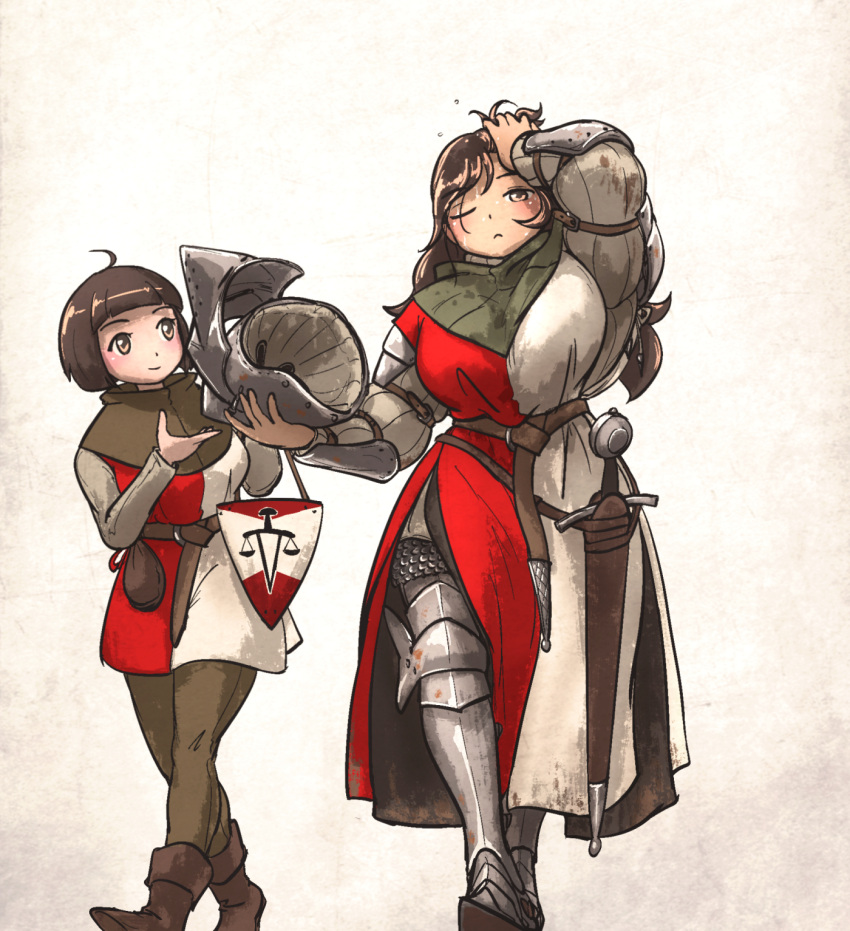 2girls armor belt boots brown_hair full_body gambeson gauntlets gloves greaves headwear_removed helmet helmet_removed highres holding long_hair medieval multiple_girls original pouch scabbard scale_armor sheath short_hair sweat sword tabard vanishlily walking weapon