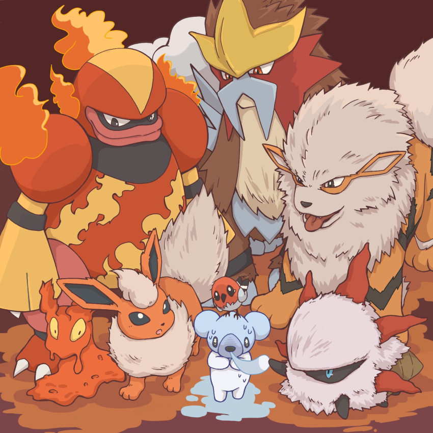 animal_focus arcanine bird black_eyes blue_eyes commentary_request cubchoo entei flareon fletchling highres larvesta magmortar no_humans open_mouth orange_fur pokemon pokemon_(creature) red_background slugma tongue tongue_out tora_(tsmc5353) white_fur yellow_eyes