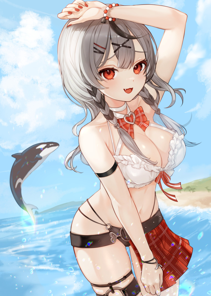1girl :d absurdres arm_strap bangs_pinned_back beach belt bikini black_belt black_bikini black_hair blue_sky blush bracelet braid breasts buckle cleavage cloud cloudy_sky collarbone commentary day fang grey_hair hair_ornament hairpin half-skirt hand_on_own_head highleg highleg_bikini highres hololive horizon jewelry large_breasts legs_together long_hair looking_at_viewer mismatched_bikini multicolored_hair nail_polish ocean open_mouth orca outdoors plaid plaid_skirt pleated_skirt red_eyes red_nails red_skirt sakamata_chloe senada37 shore sidelocks skindentation skirt sky smile solo streaked_hair swimsuit thigh_gap thigh_strap twin_braids virtual_youtuber water water_drop white_bikini x_hair_ornament