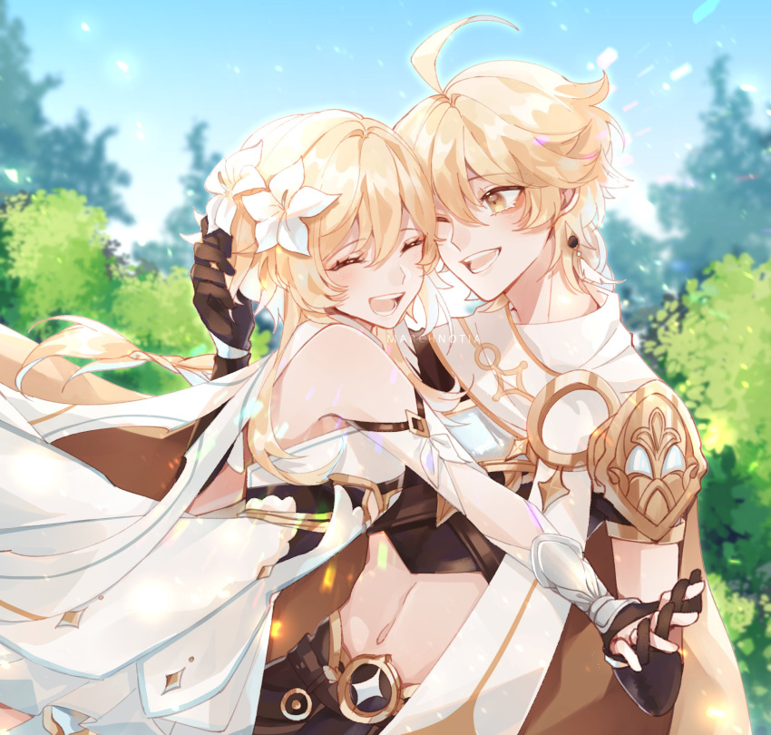 1boy 1girl aether_(genshin_impact) ahoge arm_armor armor bare_shoulders blonde_hair blue_sky blurry blurry_background blush braid breasts brother_and_sister brown_gloves brown_pants brown_shirt bush closed_eyes day detached_sleeves dress earrings feather_hair_ornament feathers fingerless_gloves flower genshin_impact gloves hair_between_eyes hair_flower hair_ornament hand_up happy highres holding holding_hands jewelry long_hair long_sleeves looking_at_another lumine_(genshin_impact) medium_breasts nadhh20 navel one_eye_closed outdoors pants scarf shirt short_hair short_hair_with_long_locks short_sleeves shoulder_armor siblings sidelocks single_earring sky smile sparkle_print standing star_(symbol) teeth tongue tree twitter_username white_dress white_flower white_scarf yellow_eyes