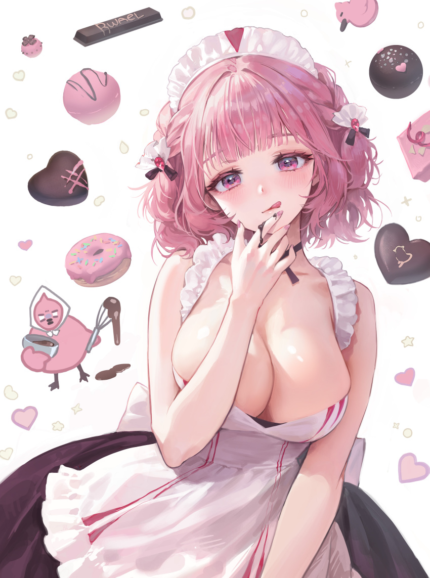 1girl :q absurdres apron artist_name black_dress black_ribbon blush breasts candy chocolate commentary doughnut dress food frilled_apron frilled_hairband frills hairband hand_on_own_chin heart heart-shaped_chocolate highres large_breasts looking_at_viewer neck_ribbon original pink_eyes pink_hair pink_nails ribbon rwael short_hair solo sprinkles symbol-only_commentary tongue tongue_out upper_body white_apron white_hairband