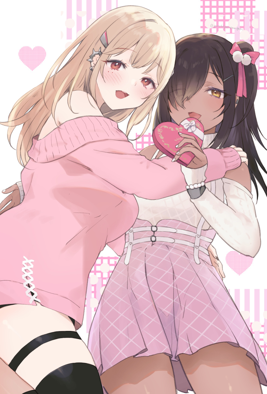 2girls :d bare_shoulders black_hair black_thighhighs blonde_hair blush bow box breasts brown_eyes commentary_request detached_sleeves ear_piercing eyes_visible_through_hair gift gift_box goddess_of_victory:_nikke gucchiann hair_bow hair_ornament hair_over_one_eye hairclip hand_on_another's_shoulder heart heart-shaped_box highres holding holding_gift long_hair long_sleeves medium_breasts mole mole_under_mouth multiple_girls naga_(nikke) nail_polish off_shoulder one_side_up piercing pink_bow pink_skirt pink_sweater pleated_skirt puffy_long_sleeves puffy_sleeves red_eyes shirt skirt sleeves_past_wrists smile sweater thigh_strap thighhighs tia_(nikke) white_background white_nails white_shirt white_sleeves