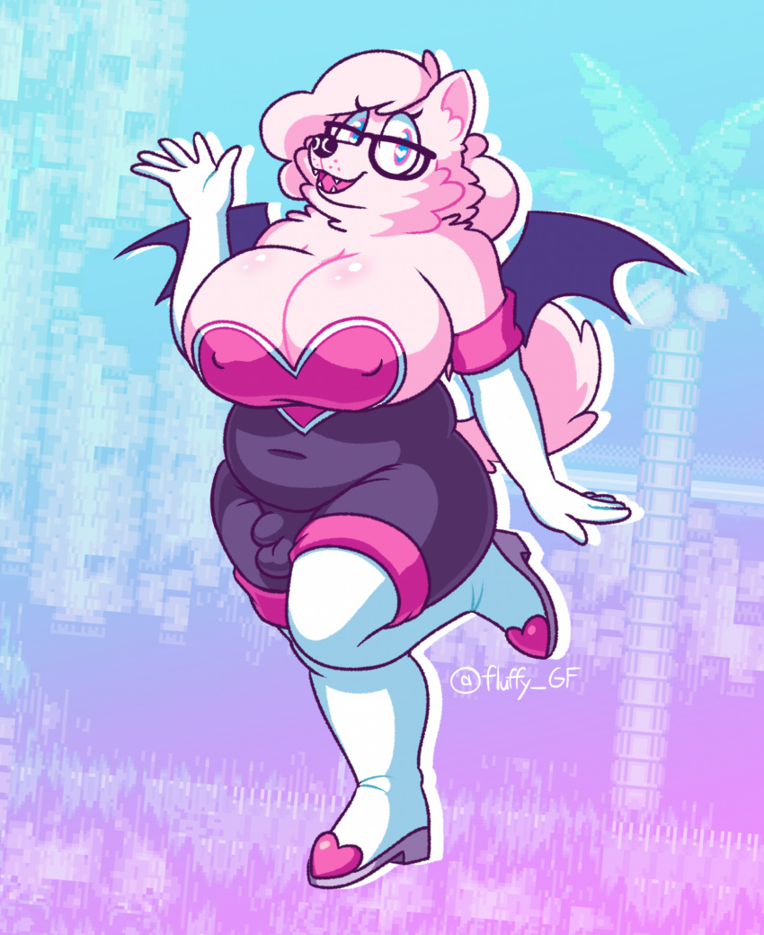 big_breasts bobby_(fluffy_gf) bodysuit breasts bulge canid canine canis clothing cosplay domestic_dog eyewear fluffygirlfriend footwear glasses gynomorph hi_res intersex knee_highs knee_socks legwear mammal rouge_the_bat_outfit sega skinsuit slightly_chubby socks solo sonic_the_hedgehog_(series) thick_thighs tight_clothing trans_(lore) trans_woman_(lore) wings