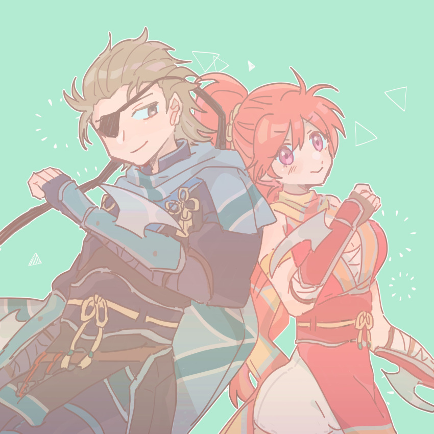 1boy 1girl absurdres alternate_costume back-to-back bangs blush breasts brown_hair cleavage eyepatch fingerless_gloves fire_emblem fire_emblem:_path_of_radiance fire_emblem:_radiant_dawn fire_emblem_heroes gloves haar_(fire_emblem) hair_slicked_back hair_tie highres jill_(fire_emblem) long_hair looking_at_another medium_breasts ninja official_alternate_costume pelvic_curtain ponytail red_hair scarf smile suzuhi21 thighhighs very_long_hair wrist_blades wrist_guards