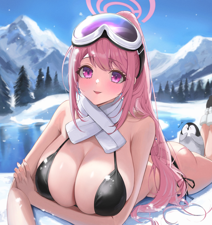 1girl absurdres ass bikini bird black_bikini blue_archive blurry blurry_background blush breasts cleavage eimi_(blue_archive) eimi_(swimsuit)_(blue_archive) goggles goggles_on_head halo highres huge_breasts looking_at_viewer lying mountain official_alternate_costume on_stomach outdoors penguin pink_eyes pink_hair pink_halo ponytail revision scarf sheng_zhidou side-tie_bikini_bottom ski_goggles skindentation smile snow snowing solo swimsuit white_scarf