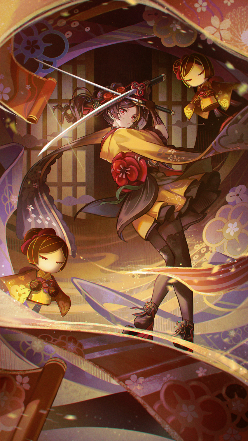 1girl arms_up asymmetrical_sidelocks black_pantyhose chiori_(genshin_impact) drill_hair drill_ponytail dual_wielding fabric full_body genshin_impact hair_ornament hair_stick hands_up highres holding holding_sword holding_weapon japanese_clothes kimono kyusoukyu layered_skirt mannequin pantyhose red_eyes skirt solo sword tamoto_(genshin_impact) thighhighs thighhighs_over_pantyhose weapon wide_sleeves yellow_kimono yellow_skirt