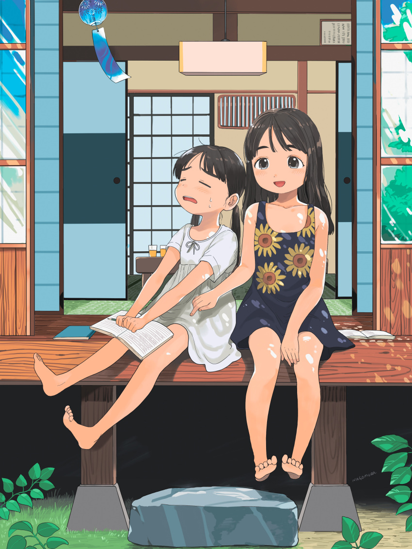 2girls :d absurdres barefoot barley_tea black_hair blush closed_eyes cup dappled_sunlight dress drinking_glass feet floral_print grass grey_eyes highres hot long_hair multiple_girls nagomurasan notebook original pencil porch print_dress shouji signature sitting sliding_doors smile sundress sunflower_print sunlight sweat table tareme tatami twintails white_dress wind_chime