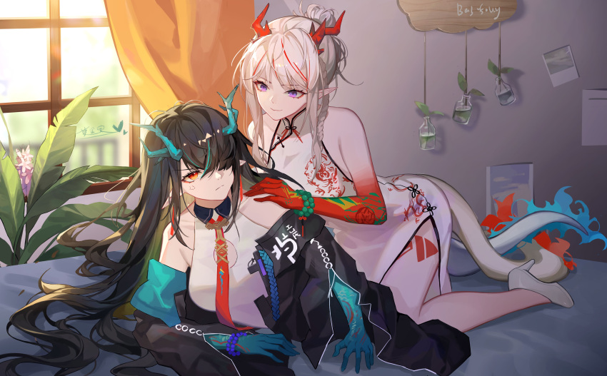 2girls absurdres arknights bare_shoulders bead_bracelet beads black_hair black_jacket blue_hair blue_skin bracelet china_dress chinese_clothes closed_mouth colored_skin commentary curtains dragon_horns dragon_tail dress dusk_(arknights) flower frown full_body hair_bun hair_over_one_eye hand_on_another's_shoulder highres hip_vent horns jacket jewelry leaf long_hair looking_at_another lying lying_on_person medium_hair molianmengdada multicolored_hair multiple_girls nian_(arknights) nian_(unfettered_freedom)_(arknights) off_shoulder on_bed one_eye_covered orange_hair orange_skin photo_(object) pink_flower pointy_ears purple_eyes siblings sidelocks signature sisters sleeveless sleeveless_dress smile streaked_hair sweatdrop tail very_long_hair white_dress white_hair window