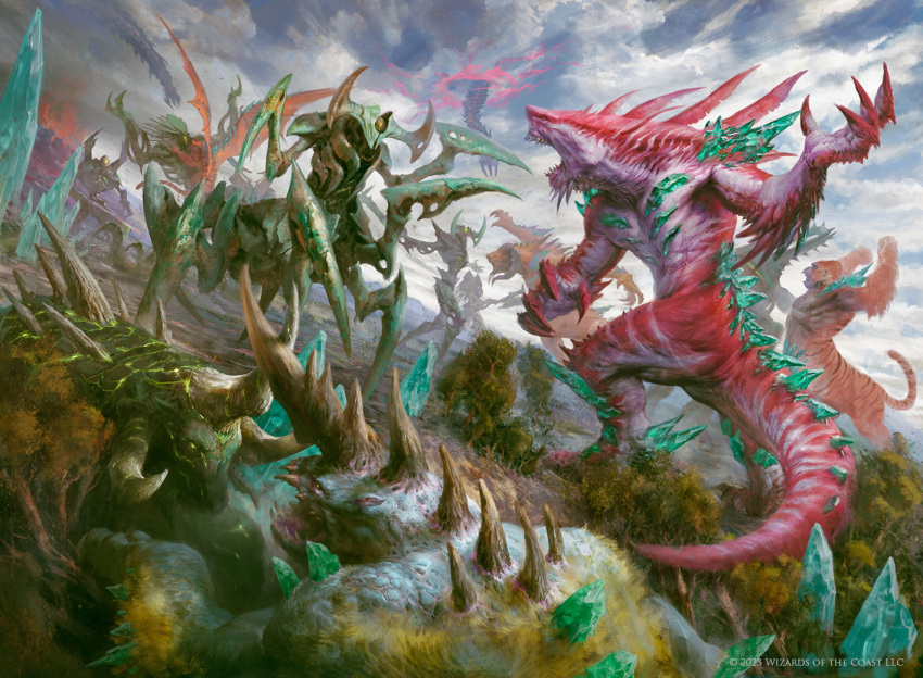 animal_focus arthropod_limbs battle blue_sky claws cloud cloudy_sky colossus company_name copyright_notice crystal crystallization day horns magic:_the_gathering manzanedo material_growth monster multiple_horns no_humans official_art open_mouth outdoors painterly portal_(object) realistic sharp_teeth sky spikes tail teeth tree