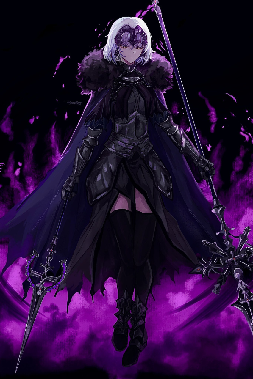 1girl armor black_background black_thighhighs cape chain closed_mouth dual_wielding expressionless fate/samurai_remnant fate_(series) fire full_body fur-trimmed_cape fur_trim gauntlets headpiece highres holding holding_polearm holding_weapon jeanne_d'arc_alter_(fate) jeanne_d'arc_alter_(lancer)_(fate) long_sleeves looking_down mz6gp polearm purple_cape purple_fire sabaton short_hair solo thighhighs twitter_username weapon white_hair