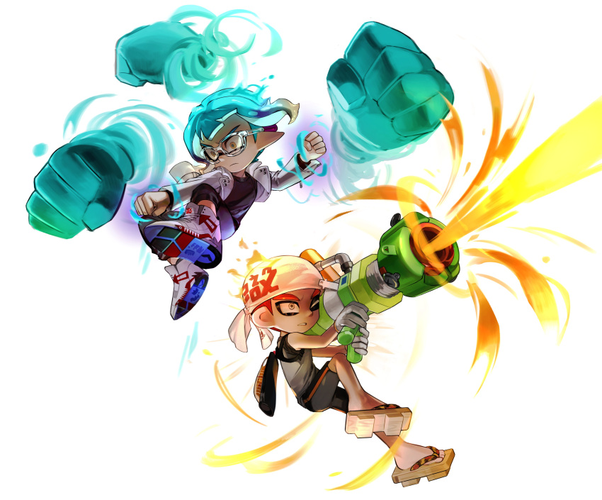 2boys absurdres aura bandana black_shorts blue_hair clenched_hand closed_mouth commentary_request dandang_s_p full_body geta glasses grey_shirt high_tops highres holding holding_weapon ink_tank_(splatoon) inkling inkling_boy inkling_player_character jacket male_focus multiple_boys octoling octoling_boy octoling_player_character one_eye_closed open_clothes open_jacket parted_lips pointy_ears print_bandana shirt shoes short_hair shorts simple_background sneakers splatoon_(series) splatoon_3 tentacle_hair triple_splashdown_(splatoon) trizooka_(splatoon) weapon white_background white_bandana white_jacket