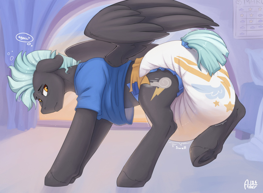 absurd_res ailoy4 amber_eyes awake big_diaper blue_hair blue_tail bodily_fluids clothing cutie_mark diaper equid equine eye_bags feces friendship_is_magic fur genital_fluids grey_body grey_fur hair hasbro hi_res hooves mammal messy_hair my_little_pony mythological_creature mythological_equine mythology pegasus shirt soiling t-shirt tail thought_bubble thunderlane_(mlp) topwear underwear urine waking_up wetting wings