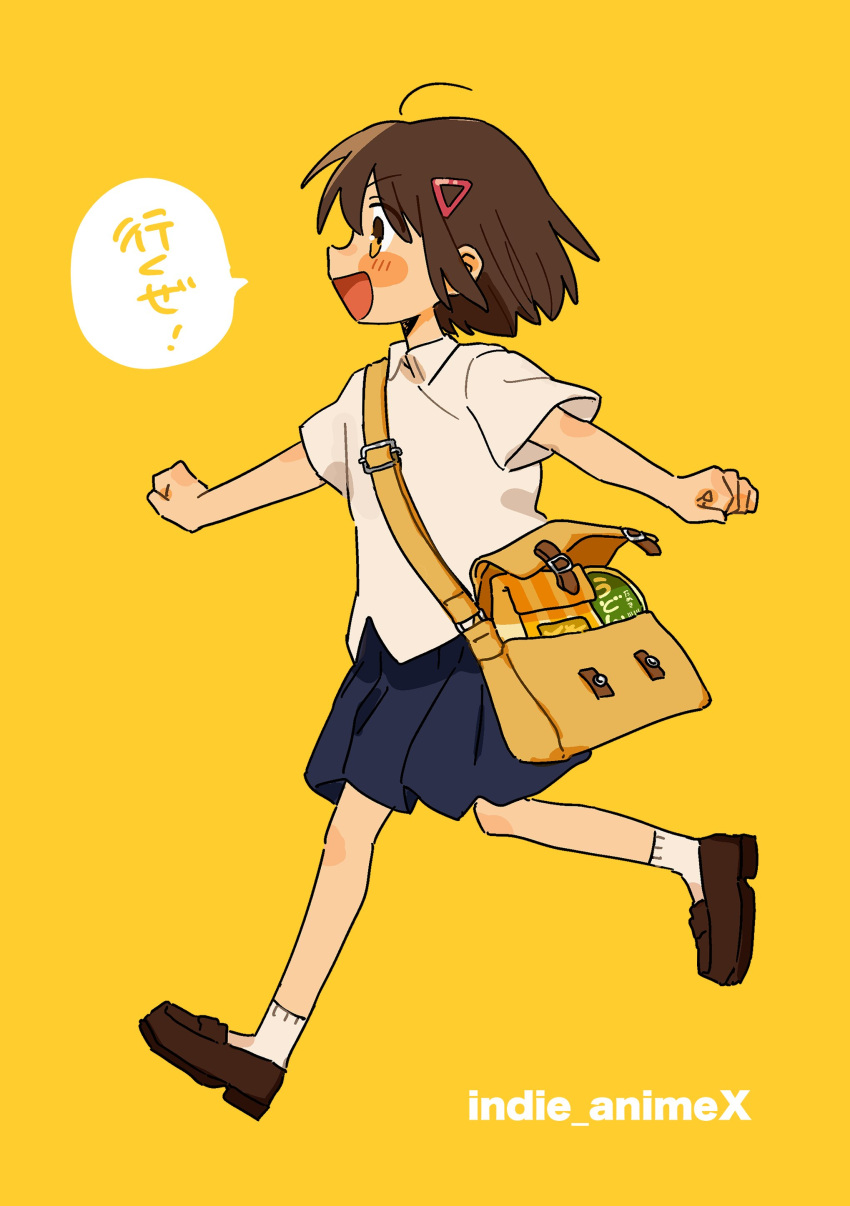 1girl :d absurdres ahoge bag black_skirt blush_stickers brown_eyes brown_footwear brown_hair collared_shirt food foot_up hair_between_eyes hair_ornament hairclip highres loafers looking_ahead messenger_bag miniskirt open_mouth original ozu_(oz_yarimasu) pleated_skirt profile running school_uniform shirt shoes short_hair short_sleeves shoulder_bag sidelocks simple_background skirt smile socks solo translated white_shirt white_socks yellow_background