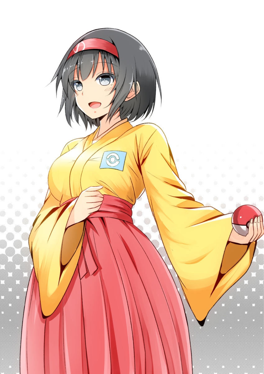 1girl black_hair blush breasts brown_eyes erika_(pokemon) gradient_background grey_background hairband hakama headband highres holding holding_poke_ball japanese_clothes kimono kyanta5354 large_breasts looking_at_viewer open_mouth poke_ball poke_ball_print poke_ball_symbol pokemon pokemon_frlg red_hairband red_hakama short_hair smile solo yellow_kimono