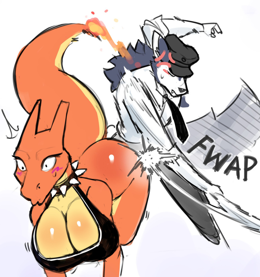 anthro big_breasts big_butt blush bottomwear breasts butt butt_slap canid canine charizard cleavage clothed clothing collar dragon duo female fire flaming_tail fully_clothed generation_1_pokemon hat headgear headwear hi_res male mammal motion_lines mythological_creature mythological_scalie mythology necktie nintendo orange_body orange_scales pants pokemon pokemon_(species) raised_tail scales scalie shirt skimpy slap spanking spiked_collar spikes tail thick_tail tianiseul topwear wide_eyed