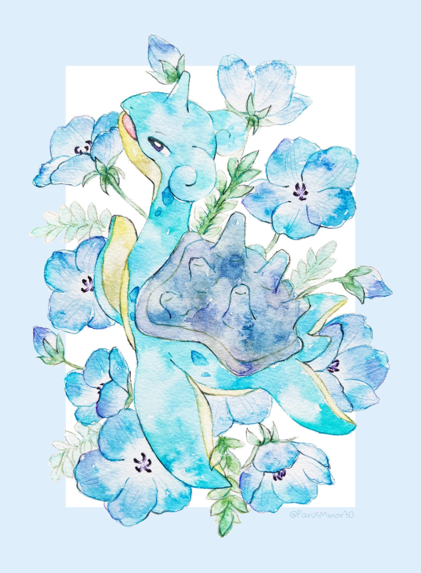 absurdres animal_focus blue_border blue_flower blue_skin border chako_(parusminor30) colored_skin flower highres horns lapras no_humans open_mouth outside_border pokemon pokemon_(creature) shell simple_background single_horn white_background