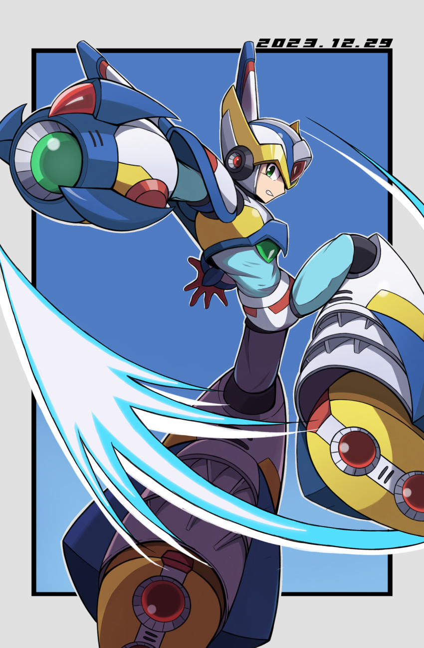 1boy absurdres aiming aiming_at_viewer arm_cannon armor blue_background blue_headwear dated falcon_armor_x_(mega_man) forehead_jewel from_behind gradient_background highres looking_at_viewer looking_back mega_man_(series) mega_man_x_(series) shoyu-z solo weapon white_armor white_headwear x_(mega_man)