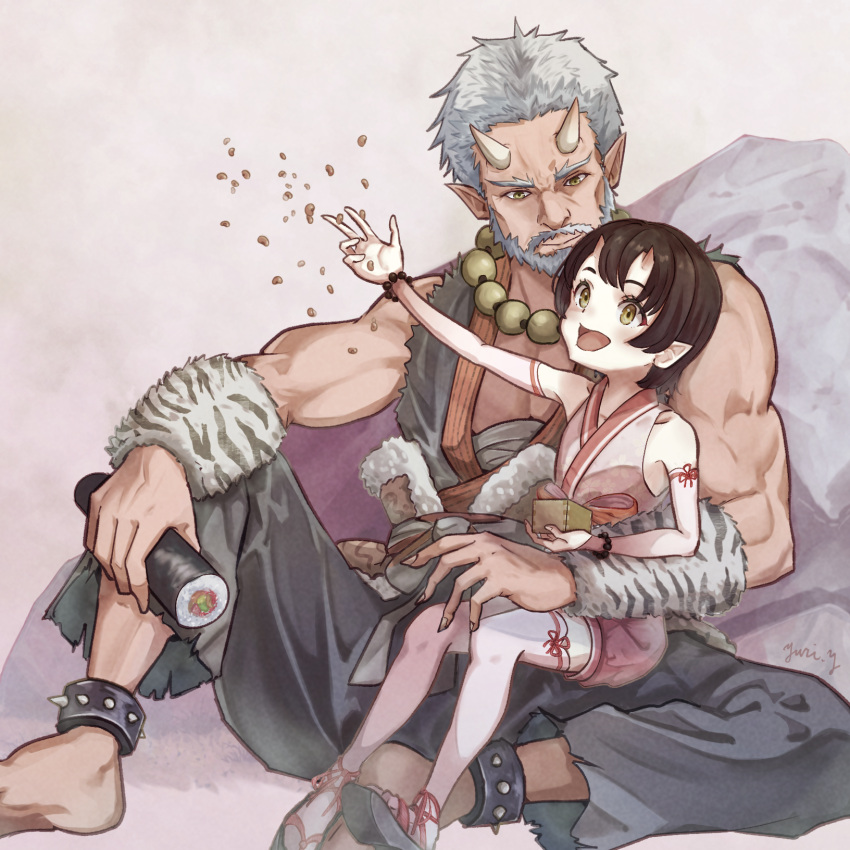 1boy 1girl baggy_pants bead_necklace beads beans beard brown_hair chinese_knot facial_hair food grey_hair highres horns japanese_clothes jewelry kimono mature_male muscular necklace old old_man oni original pants pointy_ears setsubun sushi yuri_yone