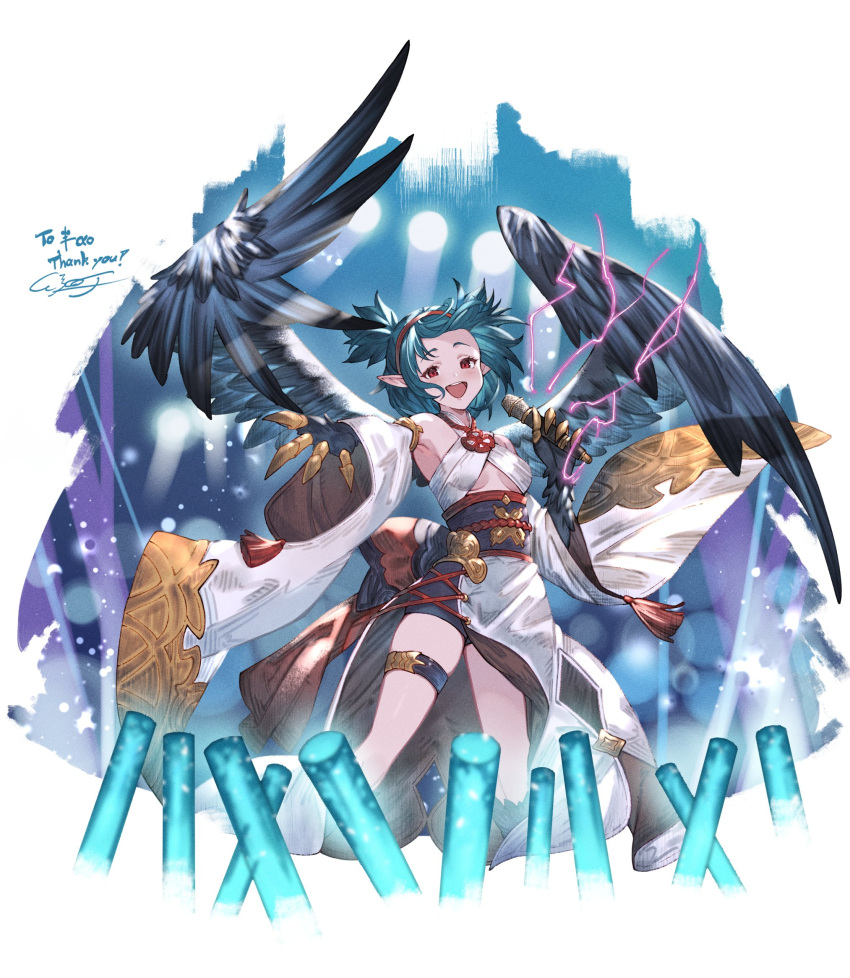 1girl ayacho bare_shoulders bird_legs black_feathers black_wings blue_hair breasts claws clothing_request feathered_wings feathers harpy highres holding holding_microphone indie_virtual_youtuber lincoro medium_hair microphone monster_girl open_mouth pointy_ears red_eyes short_twintails small_breasts solo talons teeth thighlet twintails underboob upper_teeth_only virtual_youtuber wings