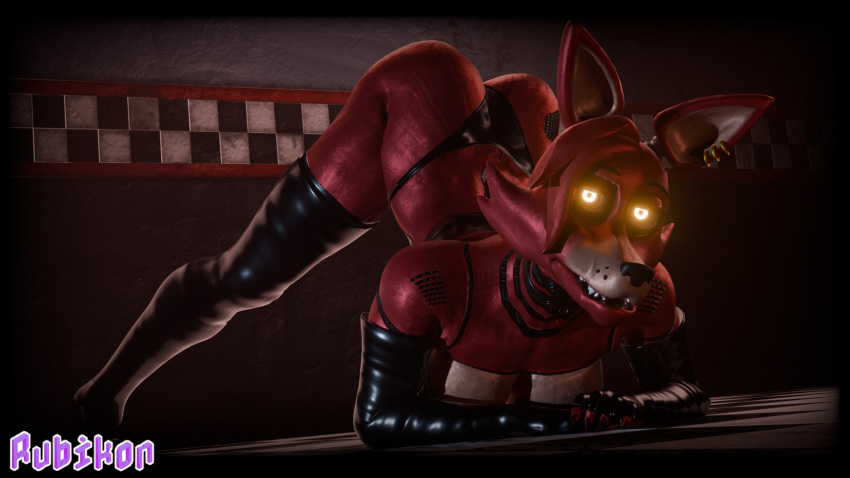 animatronic anthro black_nose canid canine clothing ear_piercing female five_nights_at_freddy's fox foxy_(fnaf) glowing glowing_eyes hair hi_res humanoid humanoid_pointy_ears jack-o'_pose leather leather_clothing living_machine looking_at_viewer machine mammal piercing pose red_body red_hair robot robot_humanoid rubikon_(artist) scottgames solo