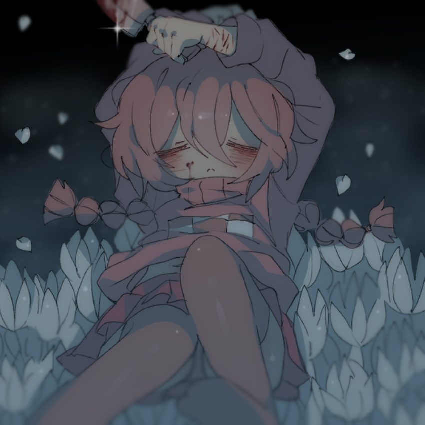 1girl barefoot blood blood_on_face blood_on_knife blurry blurry_foreground braid brown_hair candyseru closed_eyes feet field flower flower_field hair_between_eyes highres holding holding_knife knife leaf light_blush long_hair lying madotsuki navel pink_skirt pink_sweater pleated_skirt print_sweater self-harm_scar sidelocks skirt solo sparkle sweater twin_braids white_flower yume_nikki