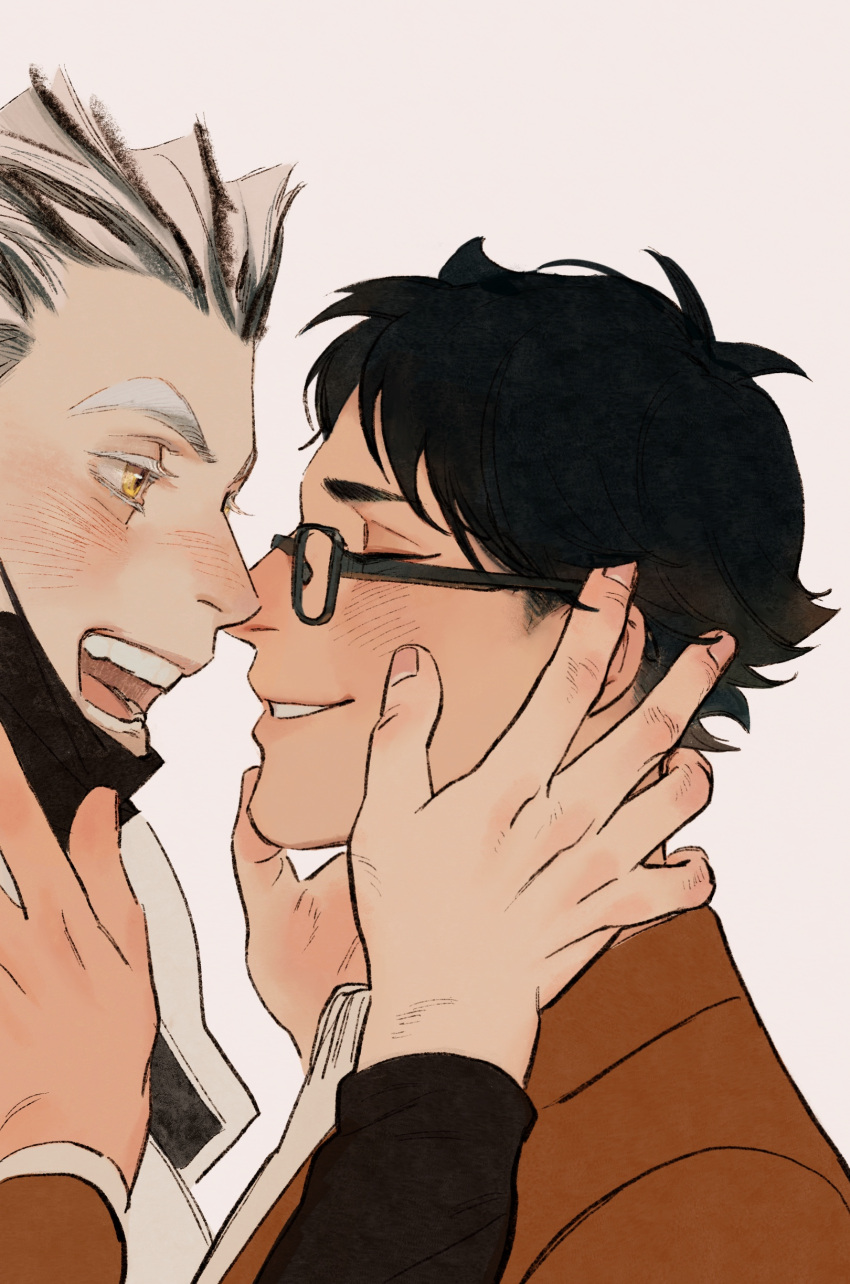 2boys absurdres akaashi_keiji black_hair bokuto_koutarou brown_jacket chengongzi123 closed_eyes colored_eyelashes commentary facing_another glasses grey_hair grin haikyuu!! hands_on_another's_face hands_up highres jacket looking_at_another male_focus mask mouth_mask multicolored_hair multiple_boys open_mouth short_hair simple_background smile streaked_hair sweater symbol-only_commentary thick_eyebrows upper_body very_short_hair yaoi yellow_eyes